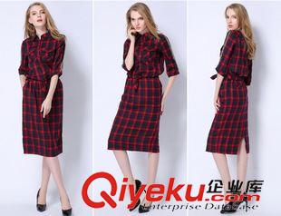 連衣裙 2015歐洲站女裝撞色復古格子中袖重工流蘇修身襯衫式連衣裙女潮原始圖片3