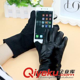 手套 新款女士皮面棉手套 AB面扭扣蕾絲花邊防滑觸屏手套 義烏批發(fā)原始圖片3