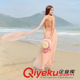 4月2期 2015夏季女裝雪紡V領(lǐng)露背系帶波西米亞風(fēng)長裙海邊度假連衣裙