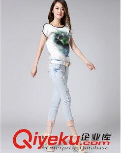 牛仔女褲 秋季新款破洞串珠燙鉆金屬裝飾繡花 高端精品棉牛仔女士長褲原始圖片3