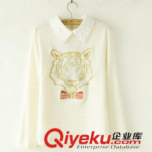 T恤衫 批發(fā)甜美學(xué) 院風(fēng)春秋款長(zhǎng)袖襯衣領(lǐng)打底老虎t恤衫 女原始圖片2