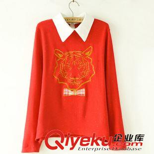T恤衫 批發(fā)甜美學(xué) 院風(fēng)春秋款長(zhǎng)袖襯衣領(lǐng)打底老虎t恤衫 女原始圖片3