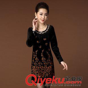 精品中年女裝 2015春季新裝 時尚印花加大碼中年媽媽裝 氣質絲絨連衣裙原始圖片2
