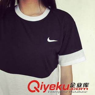 女式T恤 2015夏季新款 獨(dú)家定制 勾勾 簡約拼接彩袖短袖T恤女原始圖片2