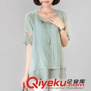 六月新款 歐洲站雪紡衫女2015夏新款淑女中長款寬松棉麻蕾絲短袖t恤衫原始圖片2