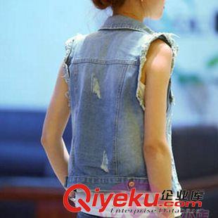牛仔上衣 2015韓版新款手工磨破  女牛仔背心 時尚百搭無袖牛仔馬夾小外套原始圖片2