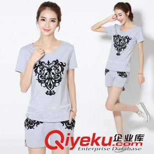 休閑套裝 女裝夏裝2015新款潮純棉時(shí)尚短袖修身休閑刺繡短褲運(yùn)動(dòng)裝套裝原始圖片2