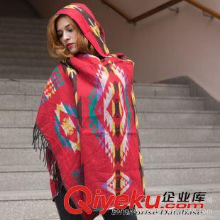 經(jīng)典提花系列 女士帽子圍巾一體 仿羊絨圍巾  秋冬季帶帽流蘇民族風(fēng)圍巾斗篷原始圖片3