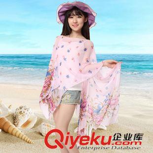 外貿薄款圍巾 女人夏季騎車防曬披肩電動車印花超大雪紡套頭絲巾沙灘巾泳裝罩衫原始圖片2