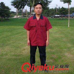 制服 廠家直銷(xiāo) tj供應(yīng)紅色拼色滌棉工作套裝 夏季短袖普通作訓(xùn)服