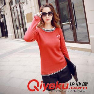 8月1號新款 2015秋裝新款假兩件條紋T恤女學(xué)院風(fēng)修身韓版加絨加厚打底衫原始圖片2