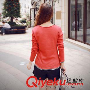 8月1號新款 2015秋裝新款假兩件條紋T恤女學(xué)院風(fēng)修身韓版加絨加厚打底衫原始圖片3