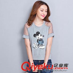 女式T恤 2015夏季女裝亮片刺繡網(wǎng)紗拼接純棉大碼寬松短袖t恤女原始圖片2