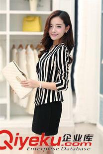 韓版連衣裙 2015新品大碼女裝修身?xiàng)l紋長(zhǎng)袖小外套 鑲鉆背心裙兩件套連衣裙原始圖片3