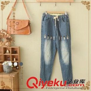 10月5號新品 日系森女系小兵刺繡松緊腰系帶水洗磨白牛仔褲女長褲 女3388原始圖片2