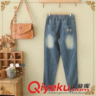 10月5號新品 日系森女系小兵刺繡松緊腰系帶水洗磨白牛仔褲女長褲 女3388原始圖片3
