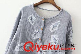 9月29日新品 2015秋冬新款日系森女系樹葉印花圓領(lǐng)雙層麻長袖T恤上衣女 3348