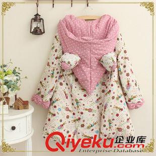 9月22日新品 2015冬季新品 可愛印花蝴蝶結(jié)連帽棉衣中長款棉服加厚棉衣 3184