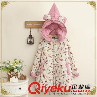 9月22日新品 2015冬季新品 可愛印花蝴蝶結(jié)連帽棉衣中長款棉服加厚棉衣 3184