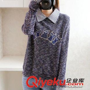 9月21日新品 2015秋新品森女日系時尚5只貓寬松翻領套頭毛衣女 3148