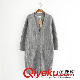 9月20日新品 秋冬女裝文藝范純色雙口袋v領中長款針織衫開衫毛衣外套3110