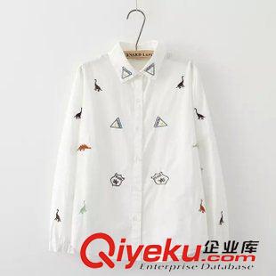 9月19日新品 森女系小清新秋季日系森女系寬松恐龍刺繡長袖襯衫 女3036