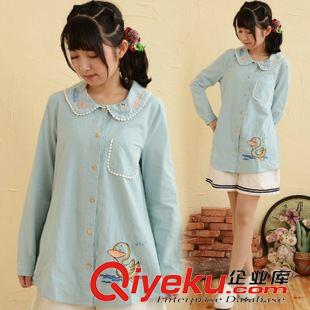 9月9日新品 秋裝新款女裝森女系甜美可愛娃娃領(lǐng)小鴨子棉麻刺繡長袖襯衫女2724