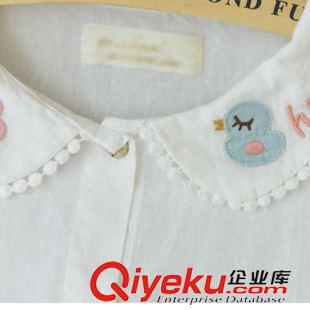 9月9日新品 秋裝新款女裝森女系甜美可愛娃娃領(lǐng)小鴨子棉麻刺繡長袖襯衫女2724