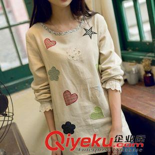 9月6日新品 日系森女系 復古文藝棉麻貼布愛心刺繡長袖T恤  女2503原始圖片3