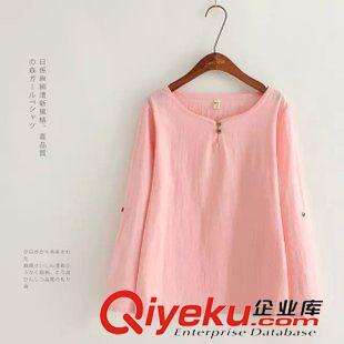 9月2日新品 秋裝韓版新款小清新棉麻兩木扣圓領(lǐng)長(zhǎng)袖可挽T恤 女2444原始圖片3