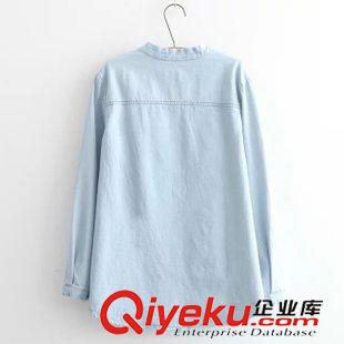 8月25日新品 2015秋冬新款日系森系小立領(lǐng)口袋純色長袖中長款牛仔襯衫女2253原始圖片3