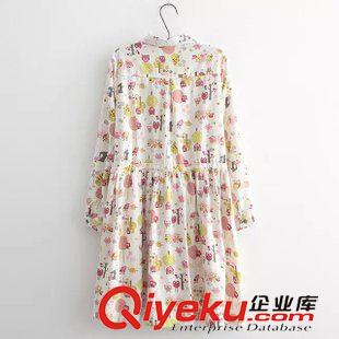 8月25日新品 新款2015秋季甜美棉麻日系森女印花收腰修身翻領長袖連衣裙子2261原始圖片2