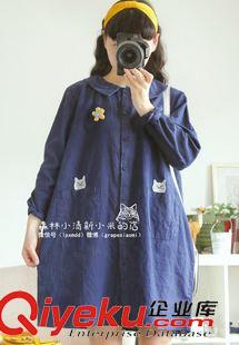 8月23日新品 森女系漫畫刺繡軟萌小貓口袋海軍娃娃領(lǐng)寬松長袖連衣裙2134