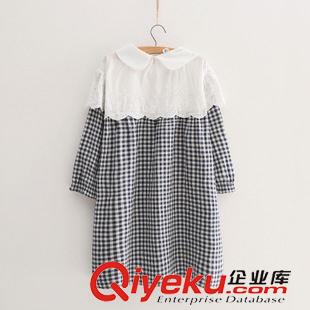 8月19日新品 2015秋冬新款森系小清新格紋彼得潘領(lǐng)寬松七分袖棉麻連衣裙2053