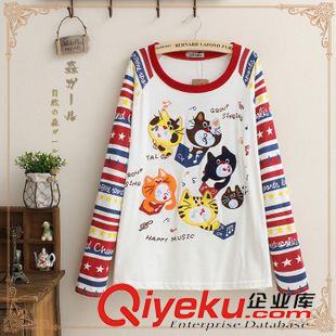 8月17日新品 2015秋裝新款日系森女系 卡通貓咪貼布刺繡圓領(lǐng)拼接長袖T恤女1975原始圖片2
