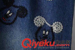 8月16日新品 森女系 刺繡米奇頭蕾絲翻邊松緊抽繩磨白牛仔長褲  女1959原始圖片2