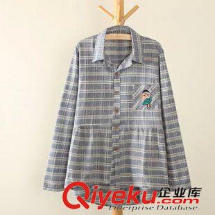 8月16日新品 2015新品森女系寬松百搭棉麻大格子口袋襯衣刺繡貓頭鷹襯衫女1951