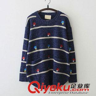 8月13日新品 2015秋新品森女日系刺繡蘑菇中長款套頭毛衣女 1873原始圖片3