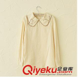 8月13日新品 可愛貓咪刺繡娃娃領(lǐng)長袖襯衫上衣2015秋新款女裝森女系1894原始圖片3