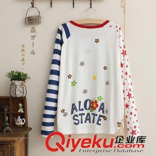 8月10日新品 日系森女系2015新款潮卡通字母貼布t恤女長(zhǎng)袖中長(zhǎng)款女士秋T恤1801原始圖片2