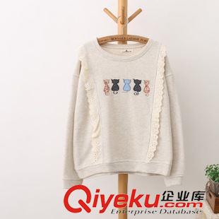 8月7日新品 森女系學院風刺繡小貓打底衫 木耳邊寬松大碼長袖衛(wèi)衣女秋1703