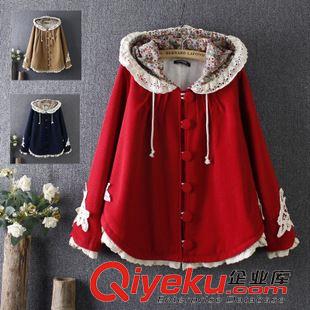 8月5日新品 2015冬季新款日系森女系鏤空花邊拼接寬松大碼毛呢連帽斗篷短1668原始圖片2