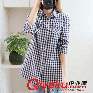 8月5日新品 2015秋季日系森女系寬松純棉中長款格子長袖襯衣  女1650原始圖片2