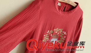 8月4日新品 森女系 初秋新款女裝 花環(huán)熊刺繡 棉麻圓領(lǐng)飛飛五分袖T恤 女1626原始圖片3