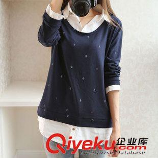 短袖 春秋裝日寬松休閑假兩件套長袖女生T恤刺繡船錨女學(xué)生T恤衫1191原始圖片2