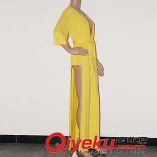 特價(jià)連衣裙 2015歐洲站夏新款女裝 腰帶性感分叉修身V領(lǐng)大碼拼接中袖連衣長裙原始圖片2