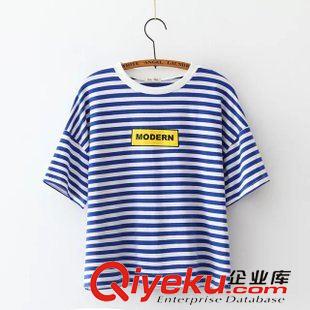 T恤 2015夏韓版海軍風(fēng)三色條紋T恤女字母條紋印花短袖寬松上衣