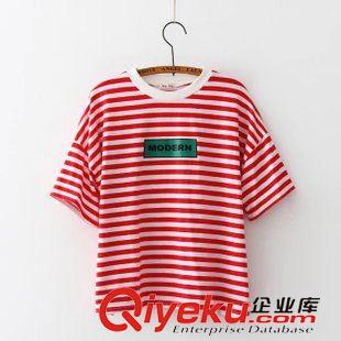 T恤 2015夏韓版海軍風(fēng)三色條紋T恤女字母條紋印花短袖寬松上衣原始圖片3