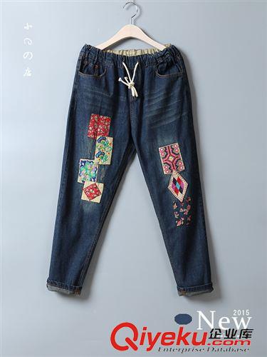 9.8新款 玉扇 秋季新款民族風(fēng)復(fù)古刺繡貼布松緊腰顯瘦牛仔長褲森女yk5315原始圖片3