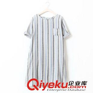 8.13新款 藍色旋律 秋季新款文藝豎條紋圓領短袖棉紗連衣裙2色